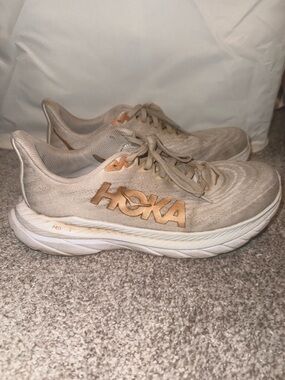 Hoka Women's Neutral Running Shoe in Light Beige with Tan Logo